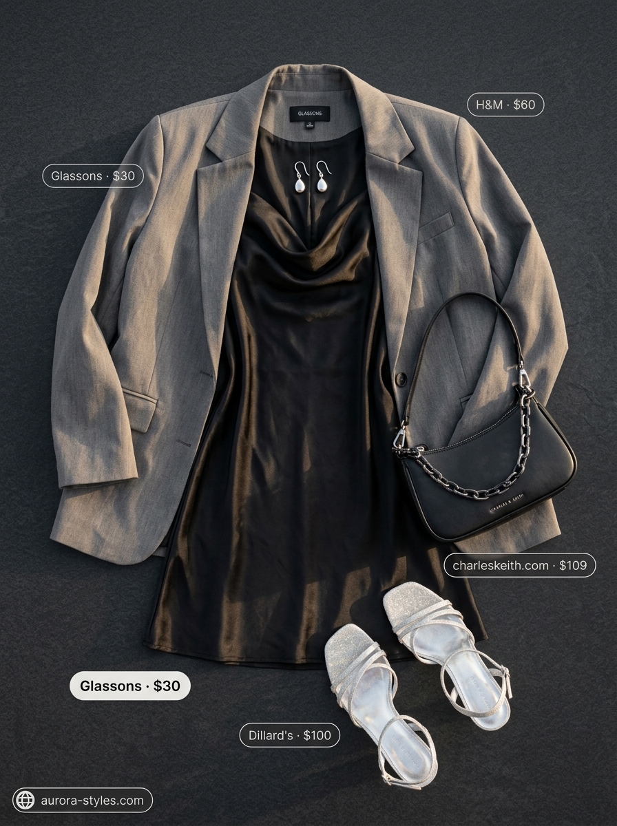 Hot summer heat wave outfits for women 2026: Black satin slip dress, blazer, and silver heels for a sultry date night.