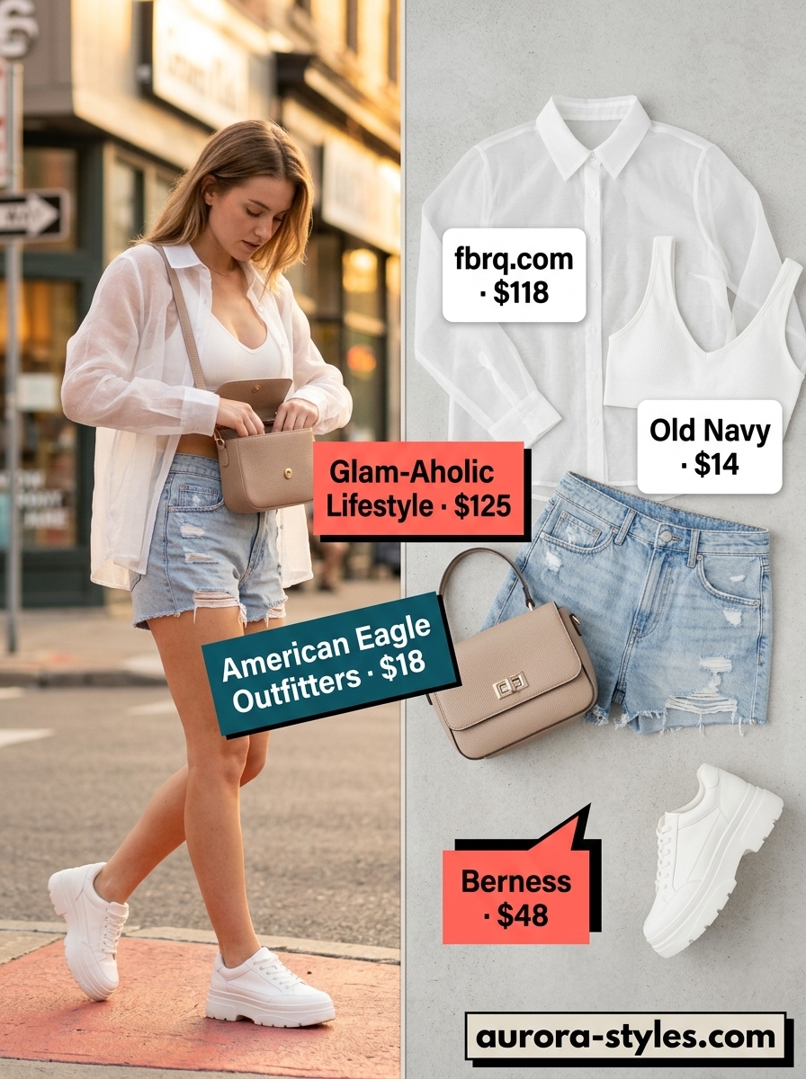 Hot summer heat wave outfits for women 2026: Denim shorts, bralette, sheer shirt, and platform sneakers for a playful day look.