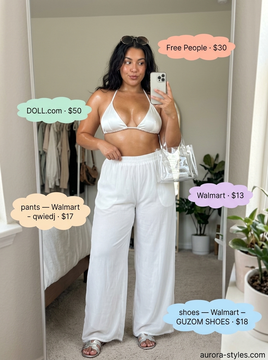 Hot summer heat wave outfits for women 2026: Turquoise sheer pants, white bikini top, and silver sandals for poolside glamour.