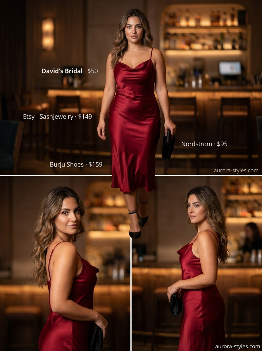 Hot summer heat wave outfits for women 2026: Ruby red satin slip dress, black heels, and gold bracelet for date night.