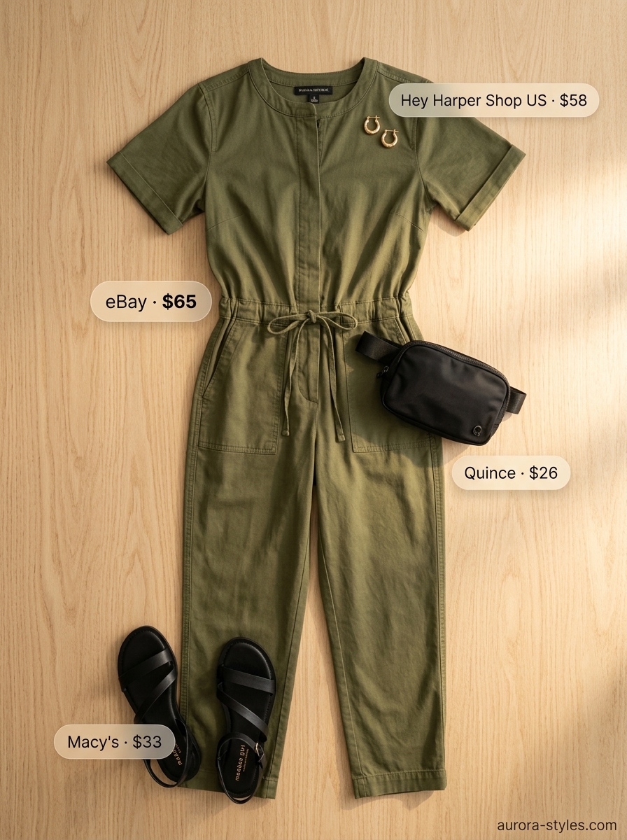 Hot summer heat wave outfits for women 2026: Olive green utility jumpsuit, black strappy sandals, gold hoops for a casual dinner.