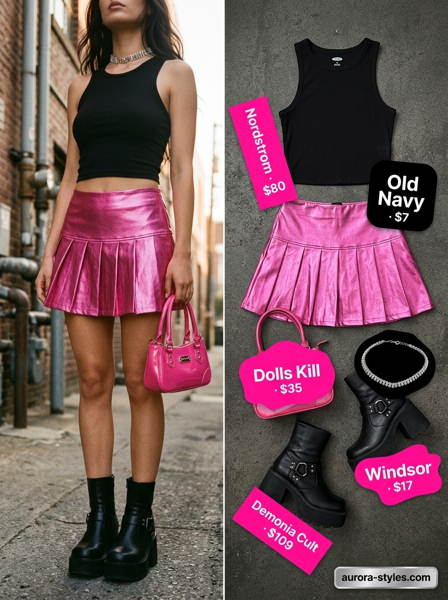 Hot summer heat wave outfits for women 2026: Metallic silver mini skirt, black crop top, and hot pink bag for Y2K club nights.