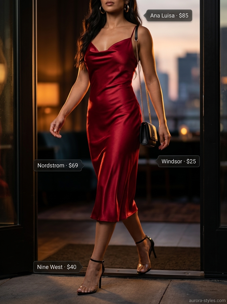Hot summer heat wave outfits for women 2026: Ruby red slip dress, black heels, and gold accessories for a glamorous club night.