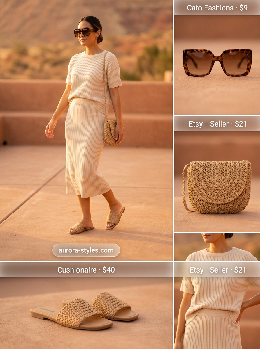 Hot summer heat wave outfits for women 2026: Terracotta knit set, cream sandals, and straw bag for effortless lounge wear.