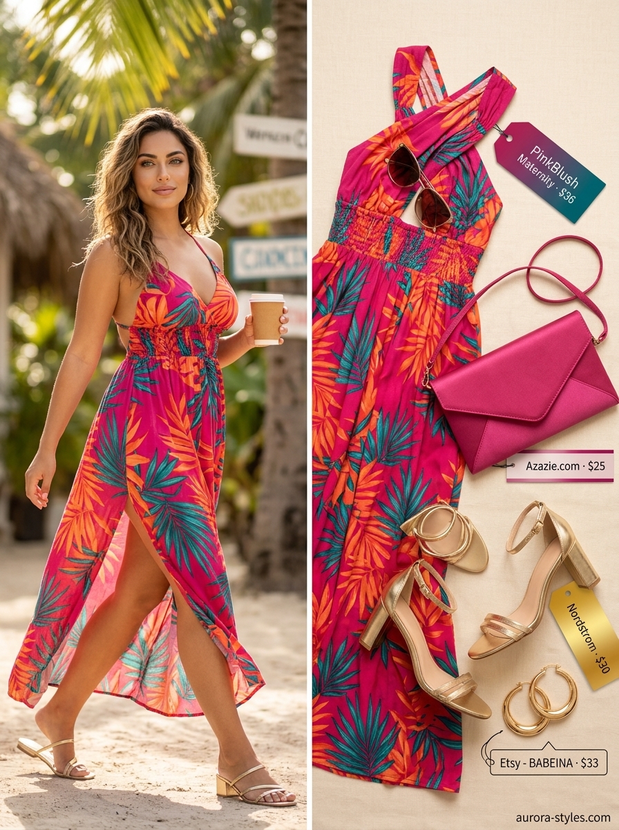 Hot summer heat wave outfits for women 2026: Fuchsia maxi dress, gold heels, and clutch for a tropical resort dinner.