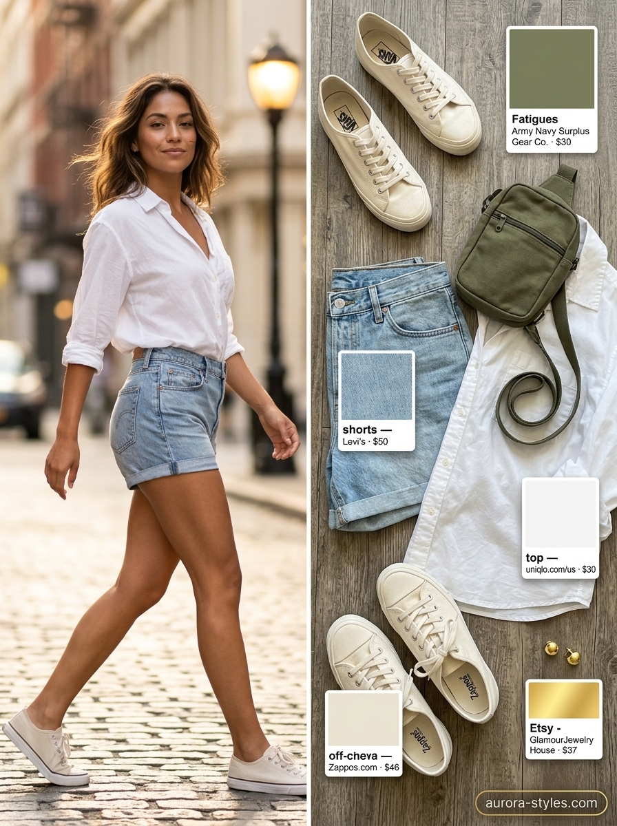 Hot summer heat wave outfits for women 2026: Denim shorts, white button-down, and canvas sneakers for urban exploration.