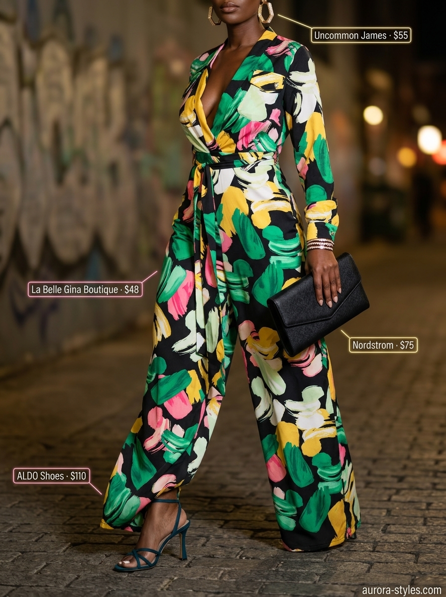 Miami summer outfits for women 2026: Green & pink floral jumpsuit for a glamorous evening out.