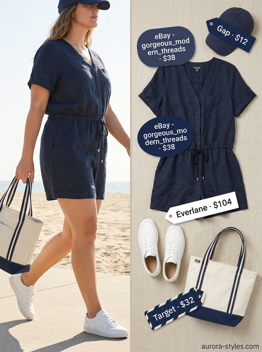 Midsize outfits for women summer 2026: Navy linen romper, white sneakers, canvas tote for casual day out.