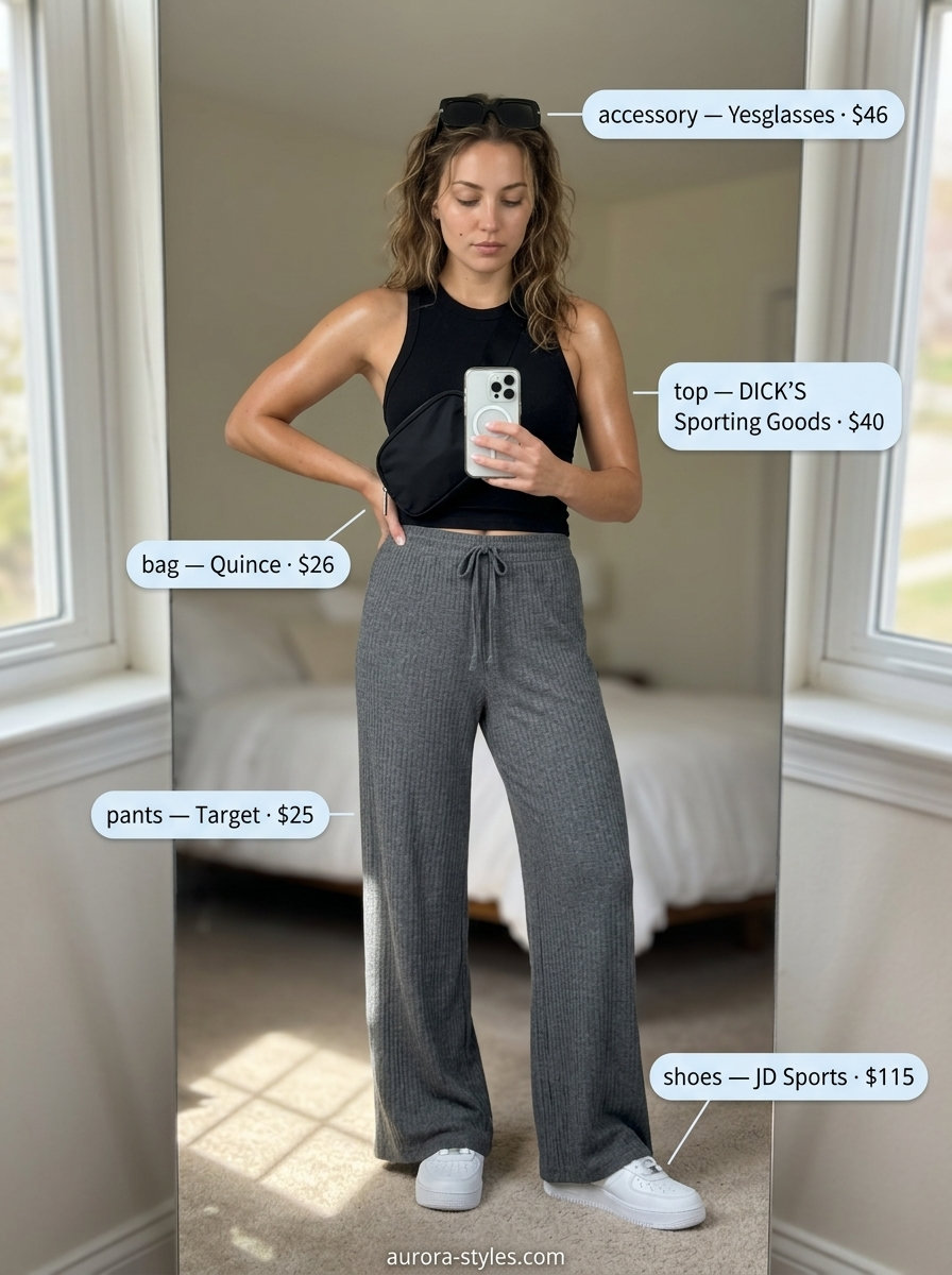 Modest summer outfits for women 2026: Charcoal wide-leg knit pants, black tank, white sneakers, belt bag.