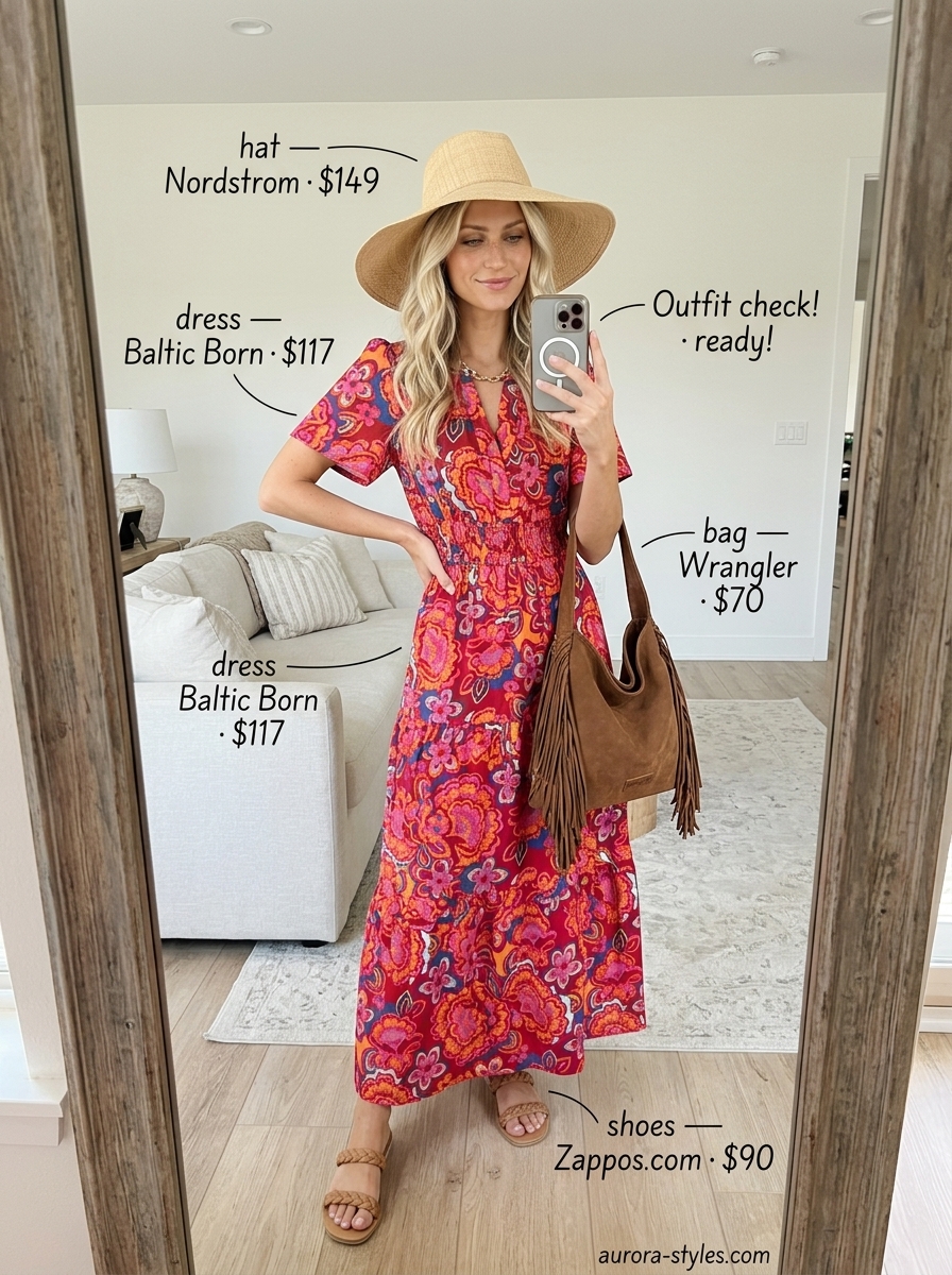 Romantic modest summer outfits for women 2026: Multicolor floral maxi dress with straw hat and fringe bag.