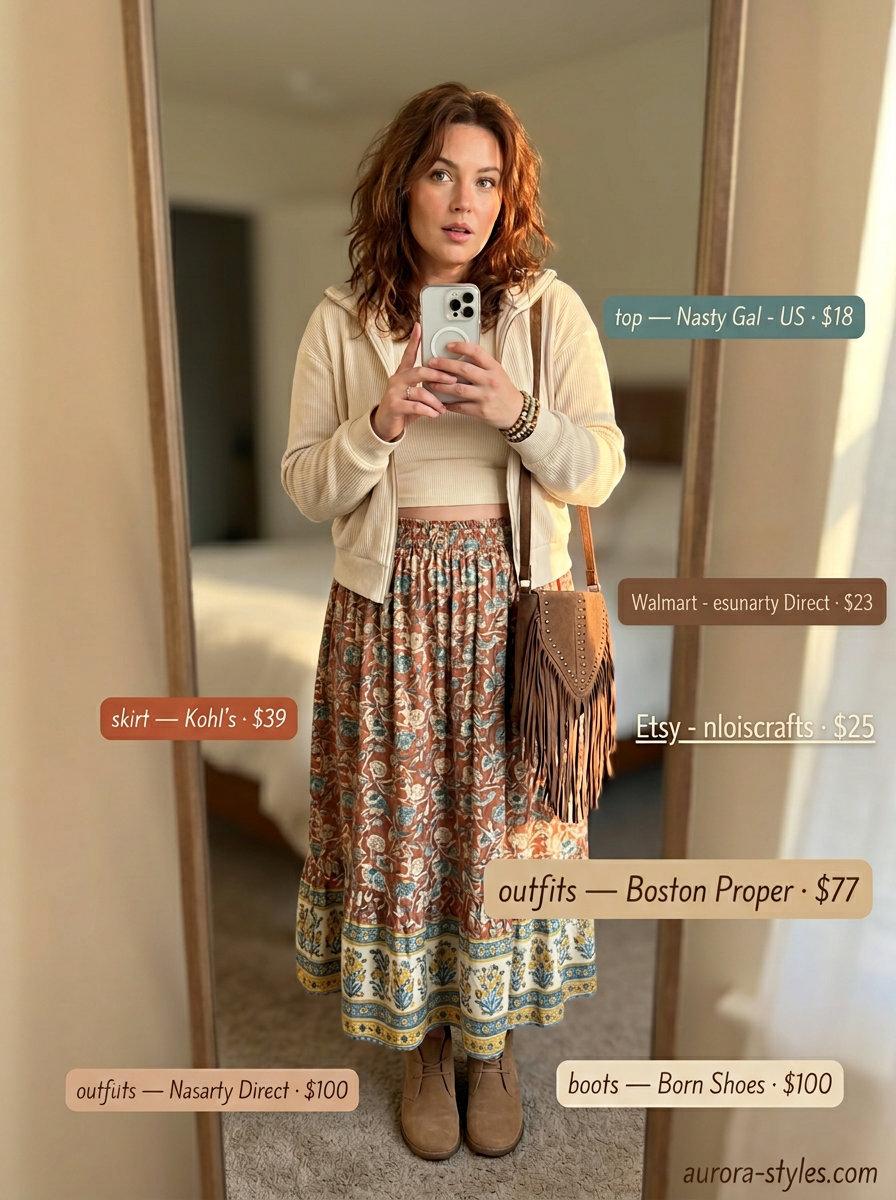 Bohemian modest summer outfits for women 2026: Terracotta floral maxi skirt with cream crop top and fringe bag.