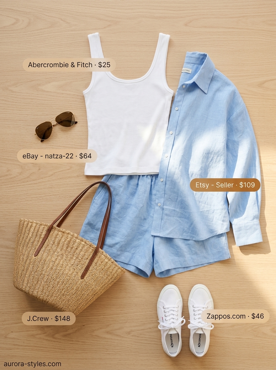 Effortless modest summer outfits for women 2026: Sky blue linen set with white tank and canvas sneakers.