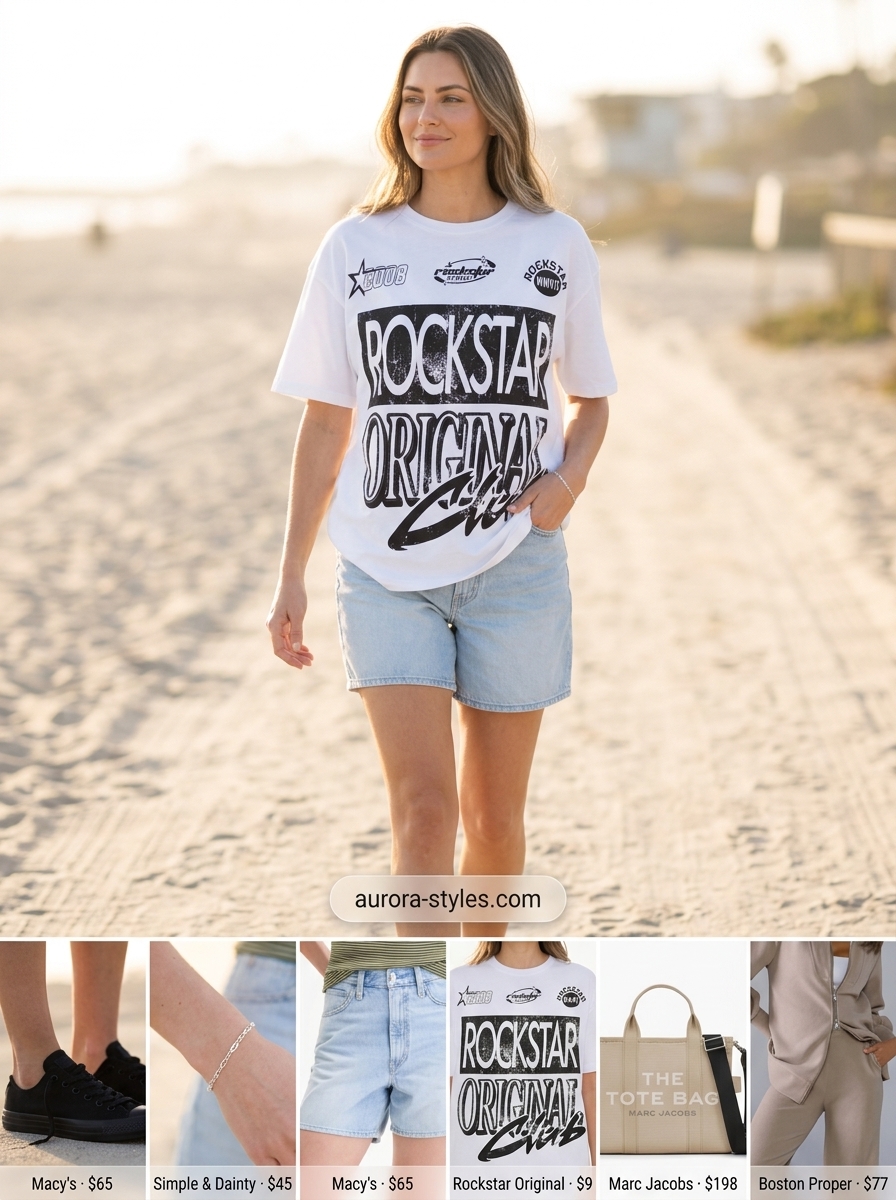 Modest summer outfits for women 2026: Blue denim shorts, white graphic tee, black sneakers, canvas tote.