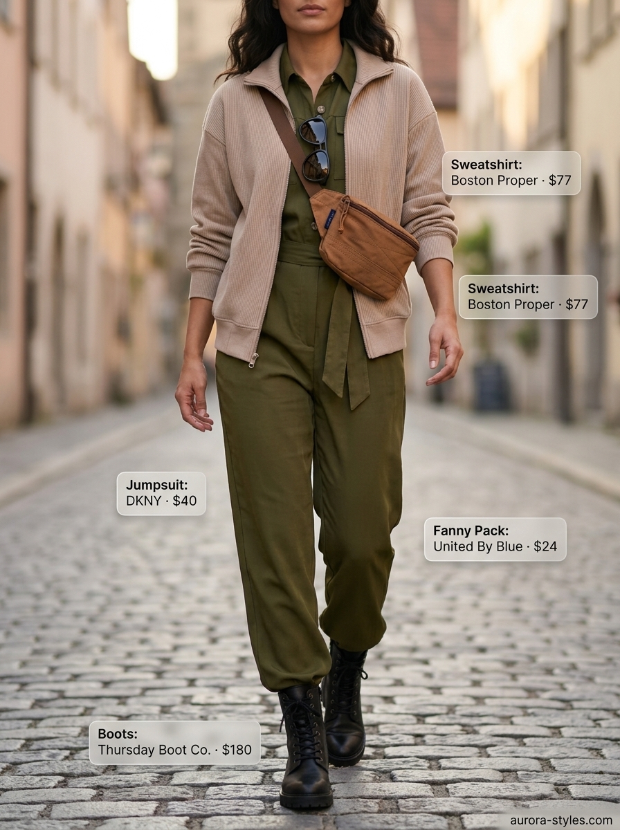 Adventurous modest summer outfits for women 2026: Olive green jumpsuit with combat boots and canvas belt bag.