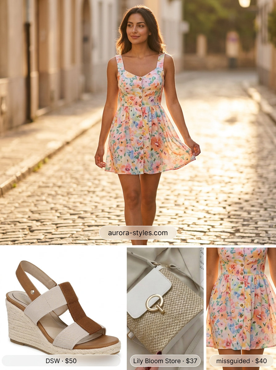 Modest summer outfits for women 2026: Floral maxi dress, espadrille wedges, straw hat, woven crossbody.