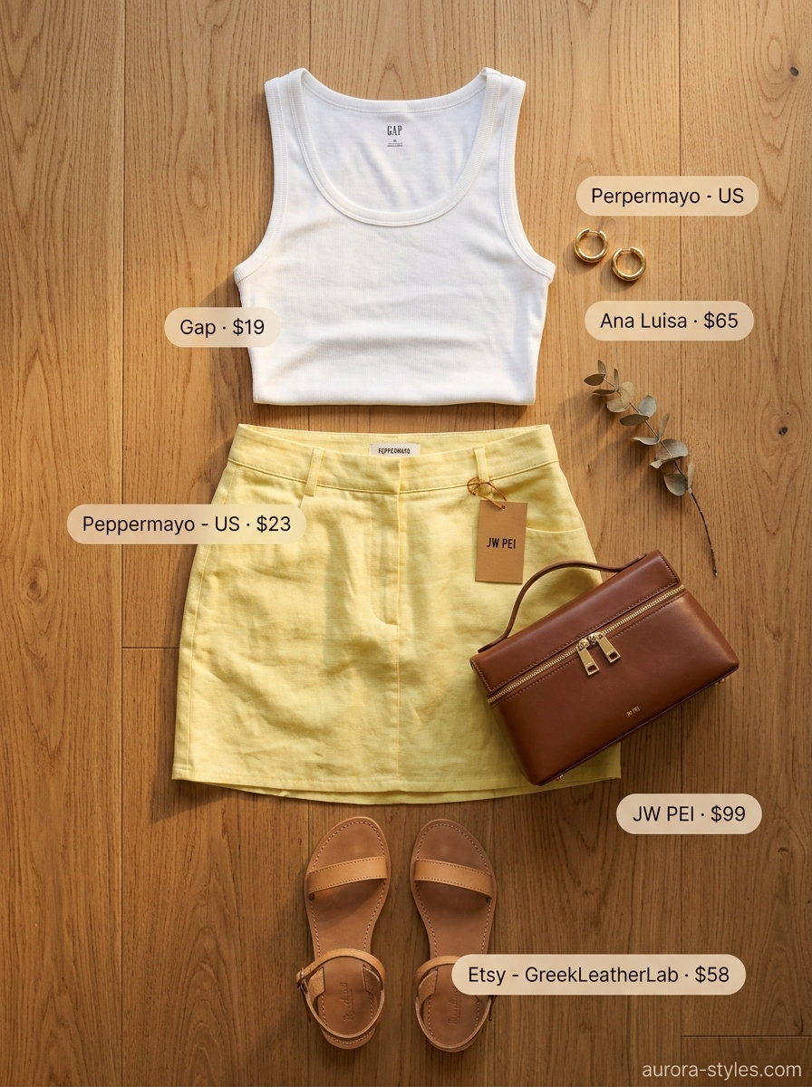 Feminine modest summer outfits for women 2026: Yellow linen skirt, white tank, and strappy sandals for garden party.