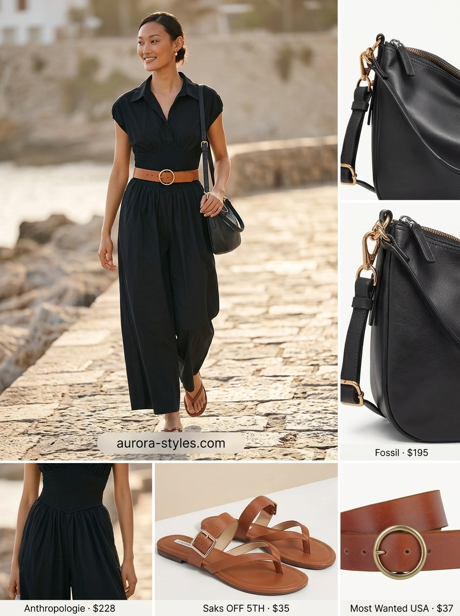 Chic modest summer outfits for women 2026: Black linen jumpsuit with tan sandals and belt for dinner.