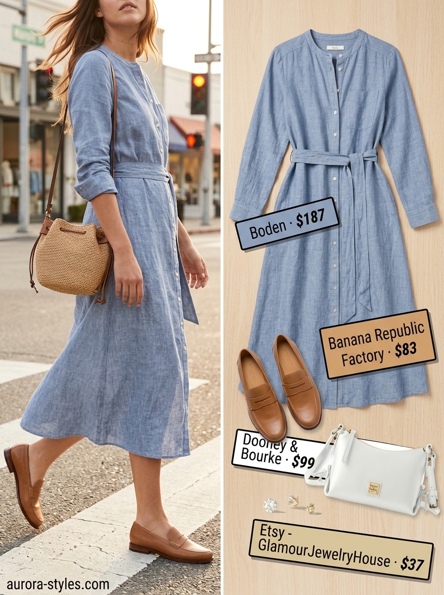 Polished modest summer outfits for women 2026: Muted blue linen shirt dress with tan loafers and crossbody bag.