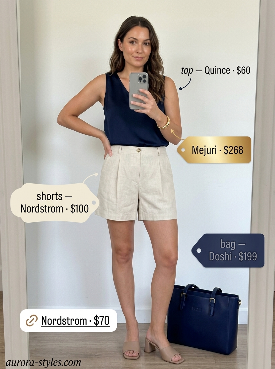Modest summer outfits for women 2026: Cream linen shorts, navy blouse, nude block heels, gold cuff.