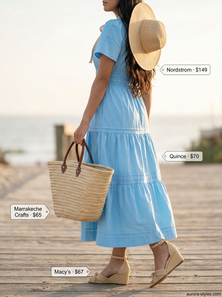 Relaxed modest summer outfits for women 2026: Sky blue cotton dress with straw hat and tote bag.