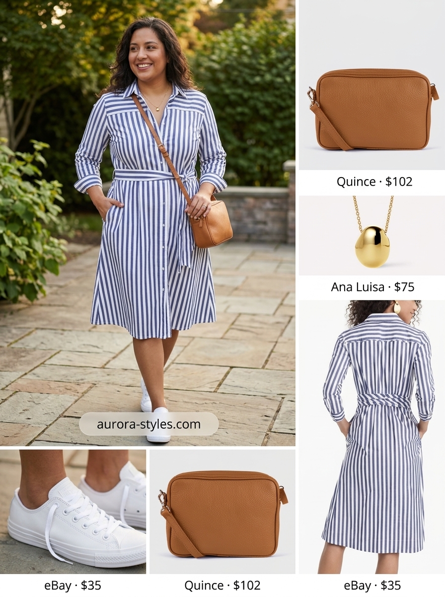 Modest summer outfits for women 2026: Blue stripe shirt dress, white sneakers, leather crossbody, gold necklace.