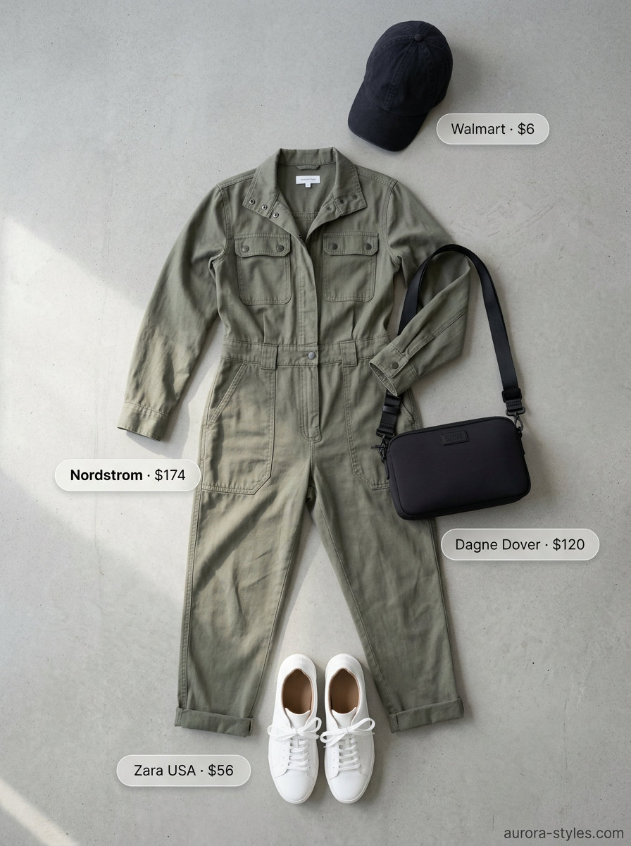 Casual modest summer outfits for women 2026: Khaki utility jumpsuit with baseball cap and sneakers.