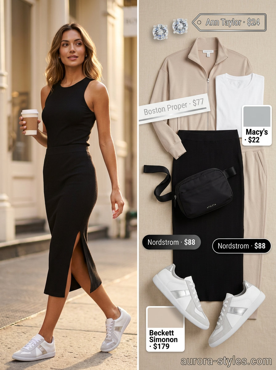 Modest summer outfits for women 2026: Black midi skirt, graphic tee, belt bag for casual days.