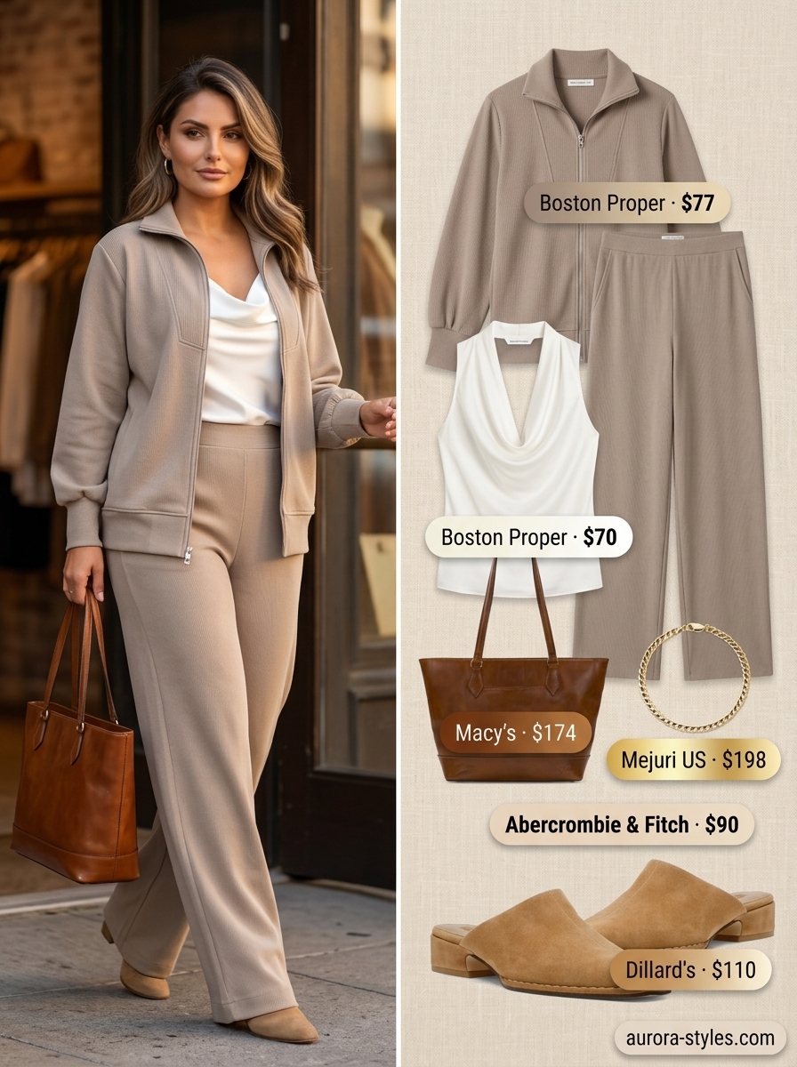 Modest summer outfits for women 2026: Camel linen trousers, ivory blouse, block heels for smart casual.