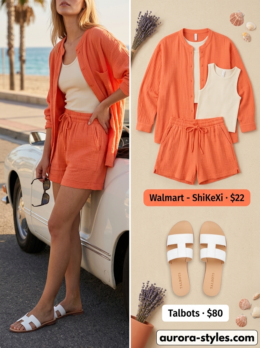 Modest summer outfits for women 2026: Coral linen set, straw hat, leather slides for beach.