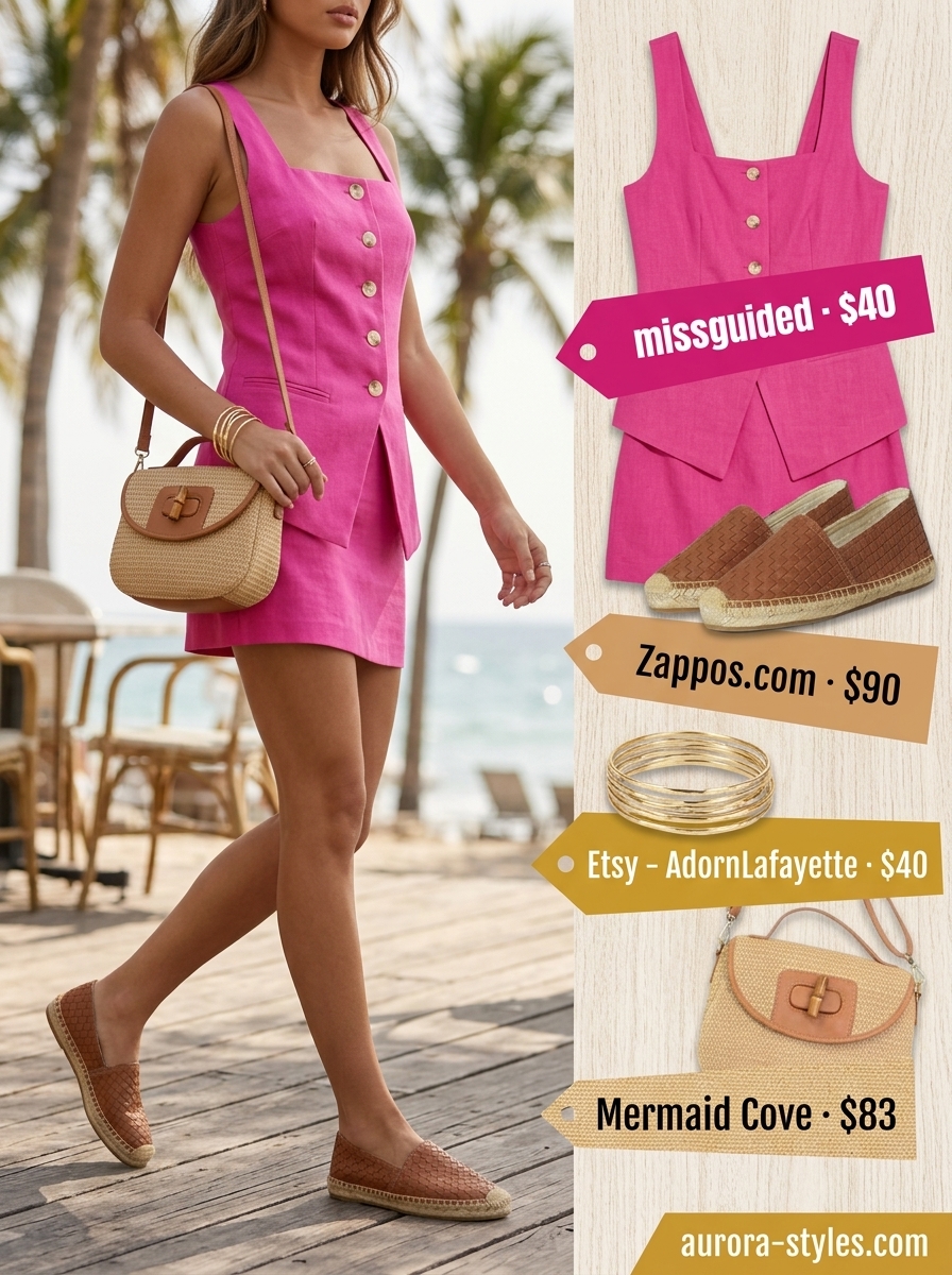 Modest summer outfits for women 2026: Floral romper, espadrilles, straw bag for vacation.