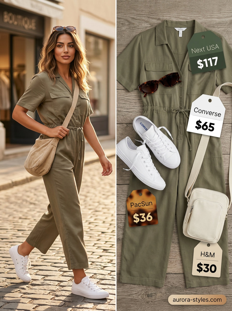 Modest summer outfits for women 2026: Khaki utility jumpsuit, white sneakers, tan crossbody bag for travel.