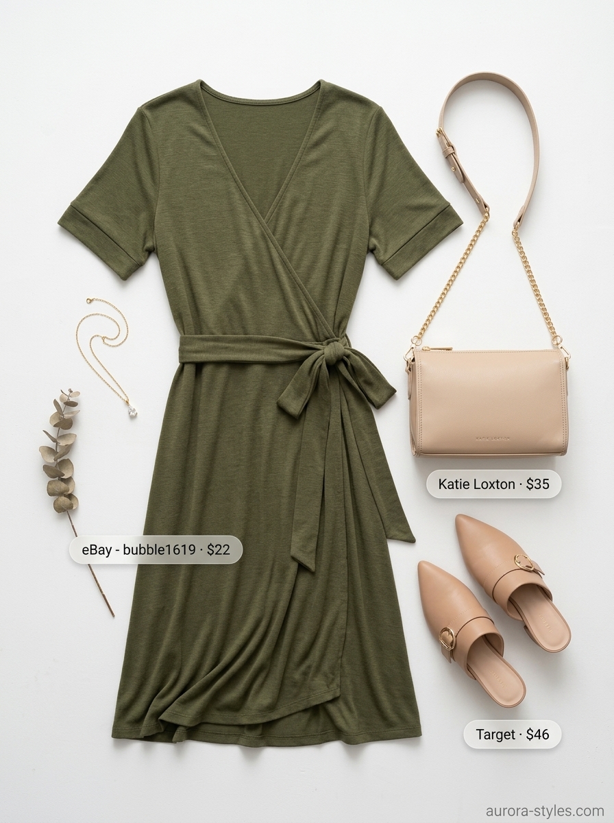 Modest summer outfits for women 2026: Olive green wrap dress, nude mules, gold necklace for office.