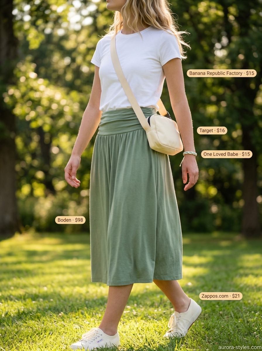 Modest summer outfits for women 2026: Sage green midi skirt, white tee, canvas sneakers for picnics.