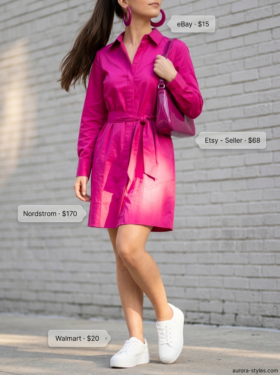Monochrome hot pink dress outfit for women 2026, perfect for a summer day party or brunch.