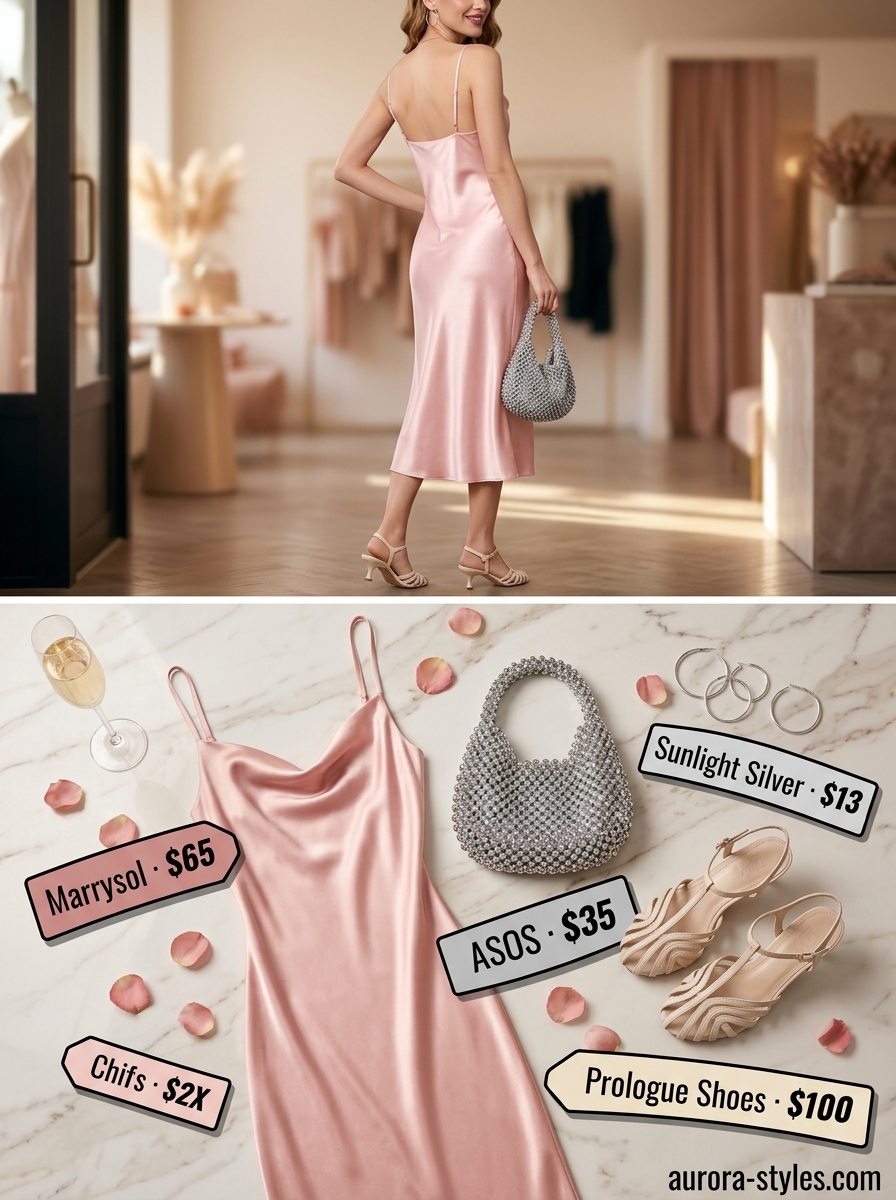 Neutral summer outfits for women 2026: Blush pink slip dress, silver earrings, and heeled sandals for a date night look.