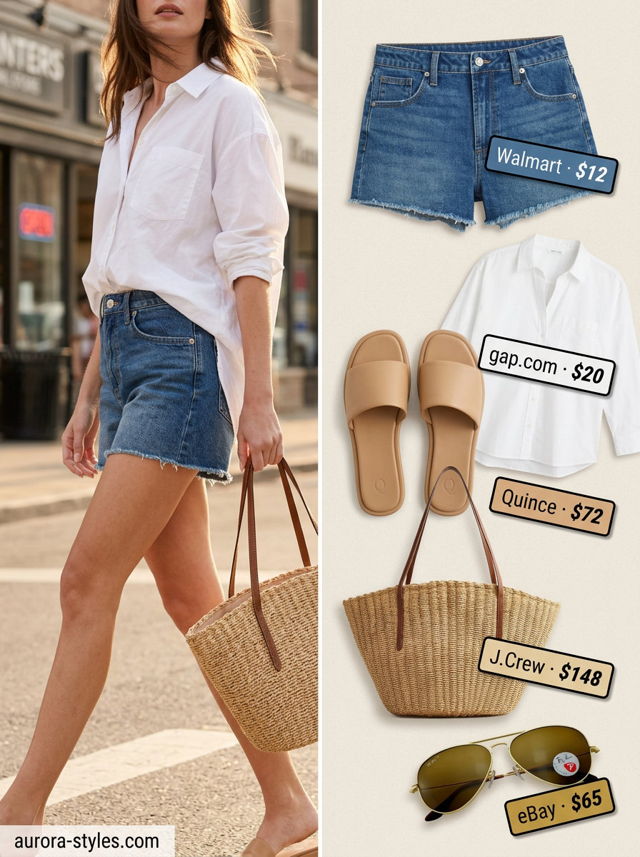 Neutral summer outfits for women 2026: White oversized shirt, denim shorts, tan slides, straw tote for casual outings.