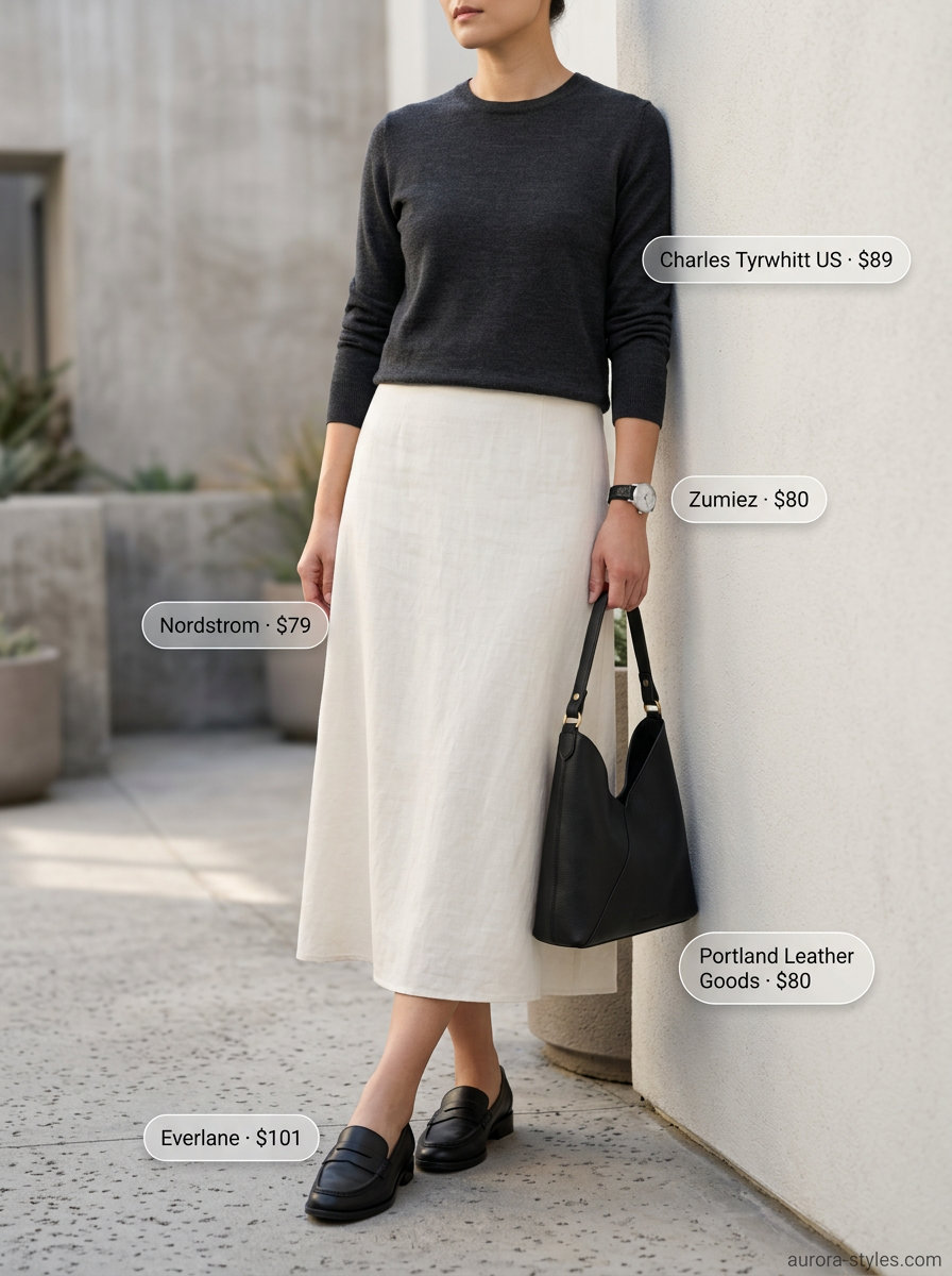 Neutral summer outfits for women 2026: Ecru midi skirt, charcoal sweater, and leather loafers for a sophisticated look.