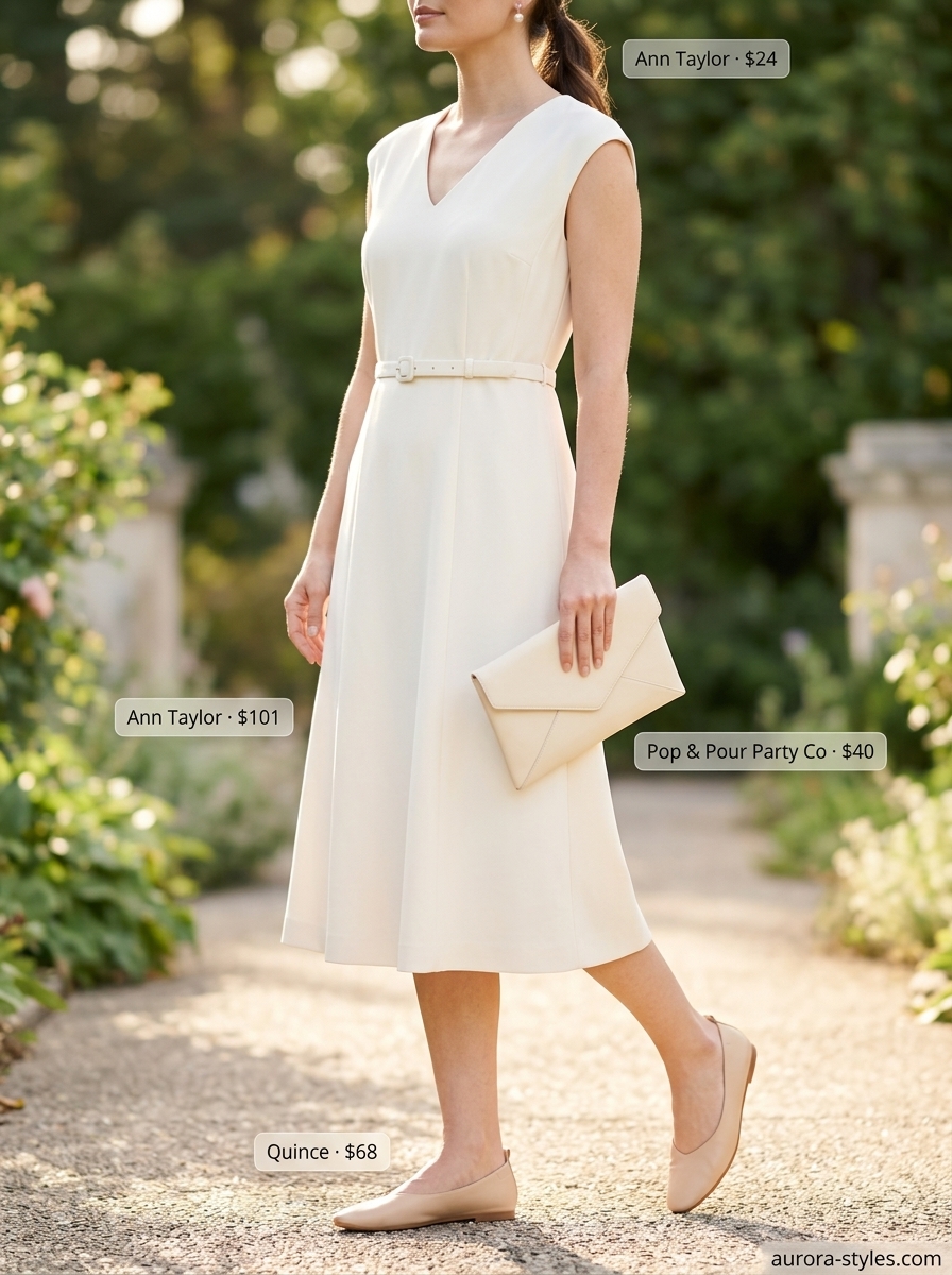 Neutral summer outfits for women 2026: Ivory midi dress, pearl earrings, and ballet flats for an ethereal look.