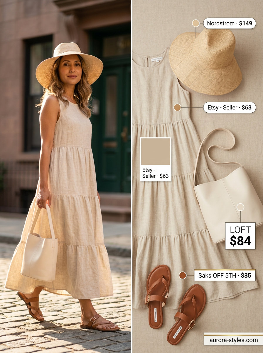 Neutral summer outfits for women 2026: Linen maxi dress, straw hat, and slide sandals for a bohemian look.