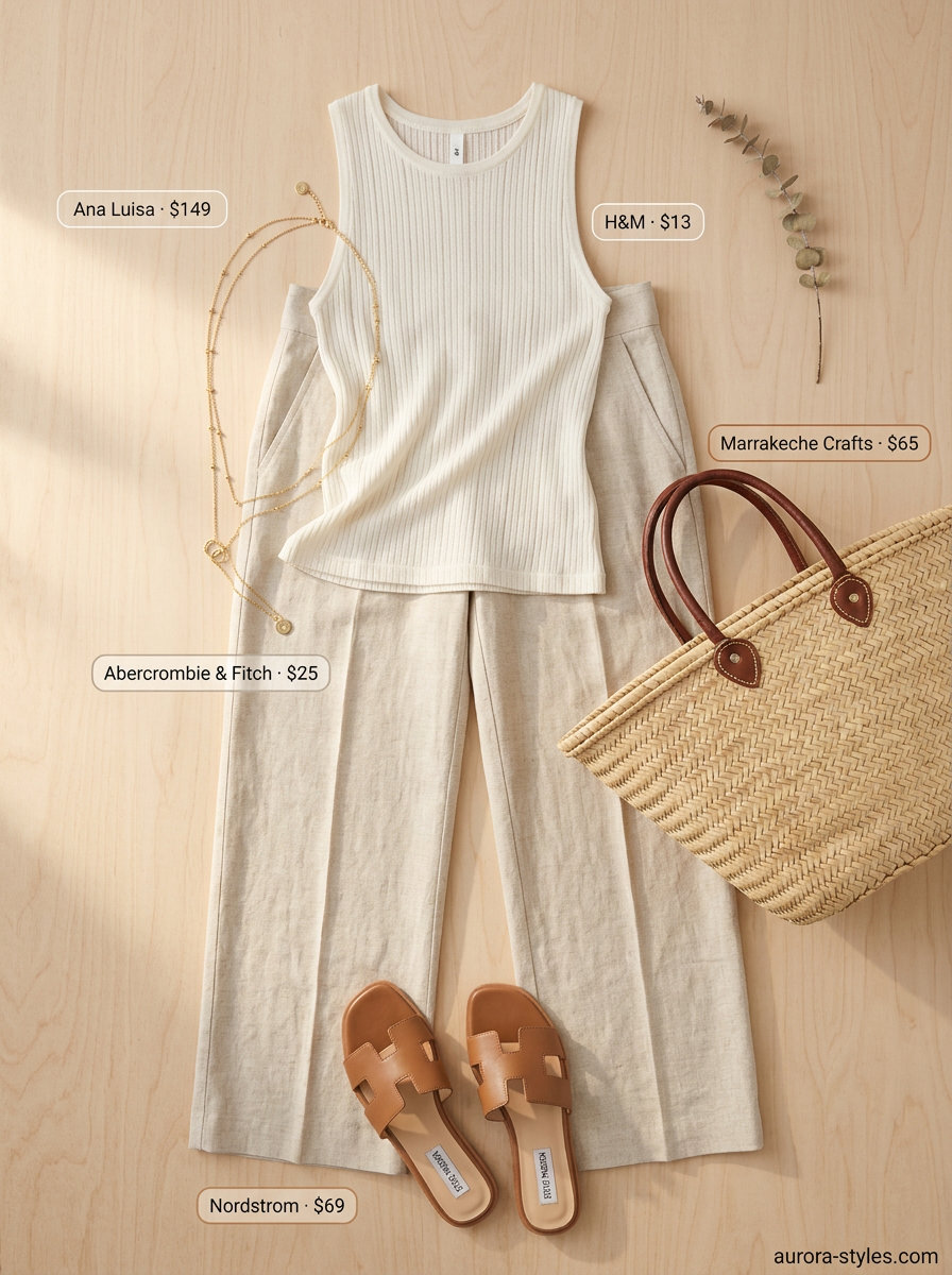 Neutral summer outfits for women 2026: Cream linen set, tan slides, straw tote for beach brunch.
