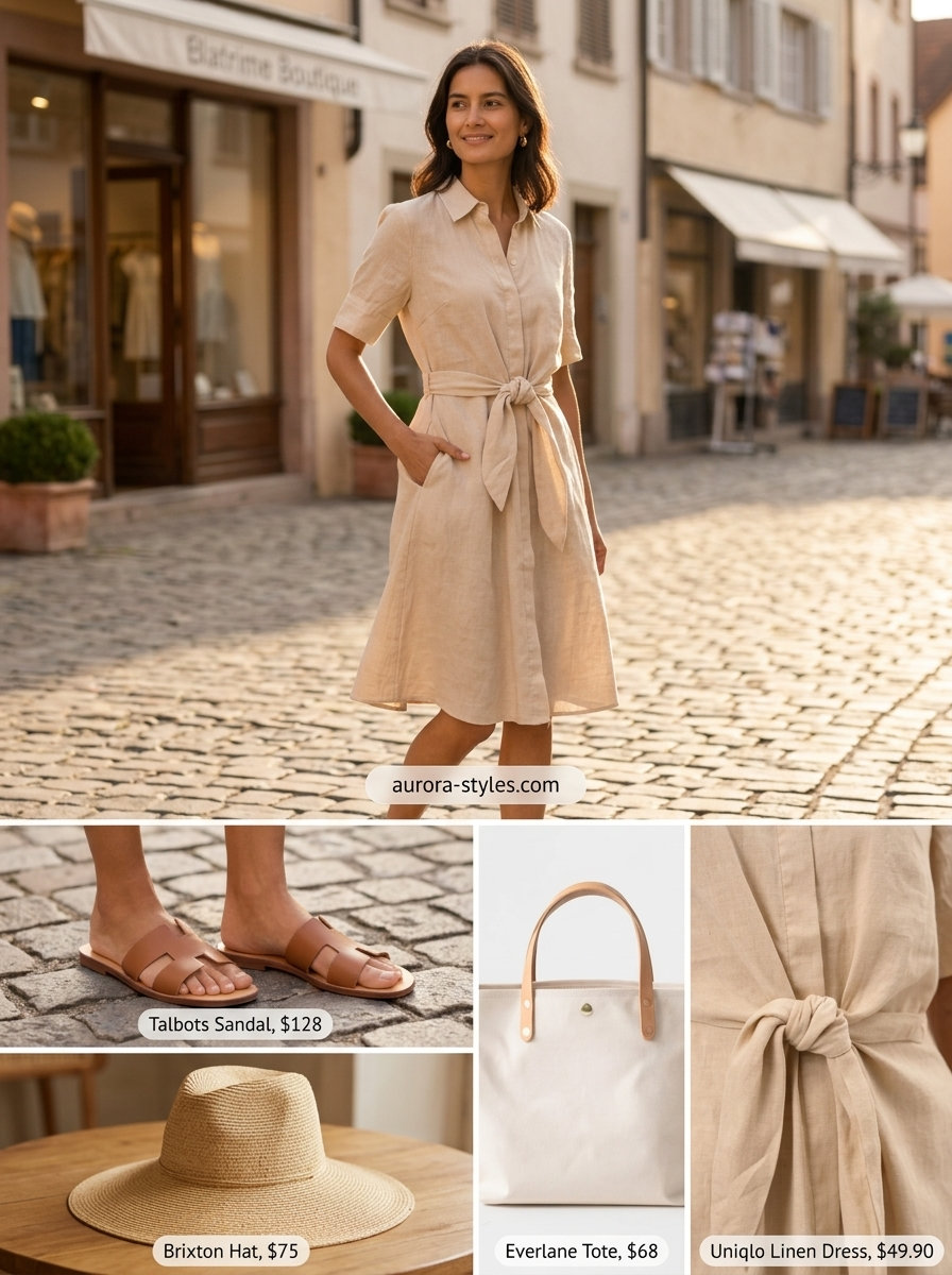 Neutral summer outfits for women 2026: Beige linen shirt dress, straw hat, tan slides, canvas tote.