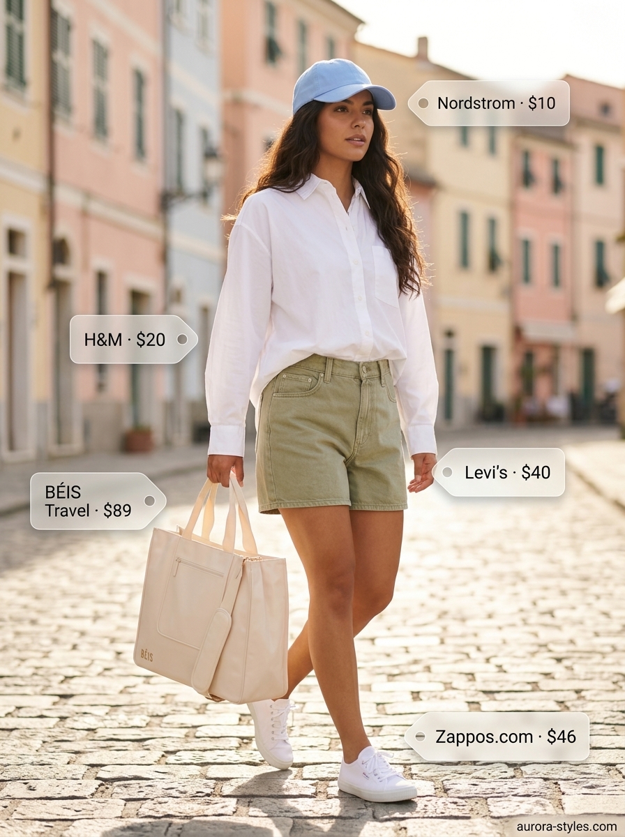 Neutral summer outfits for women 2026: Linen shorts, white button-down, and canvas sneakers for a relaxed look.