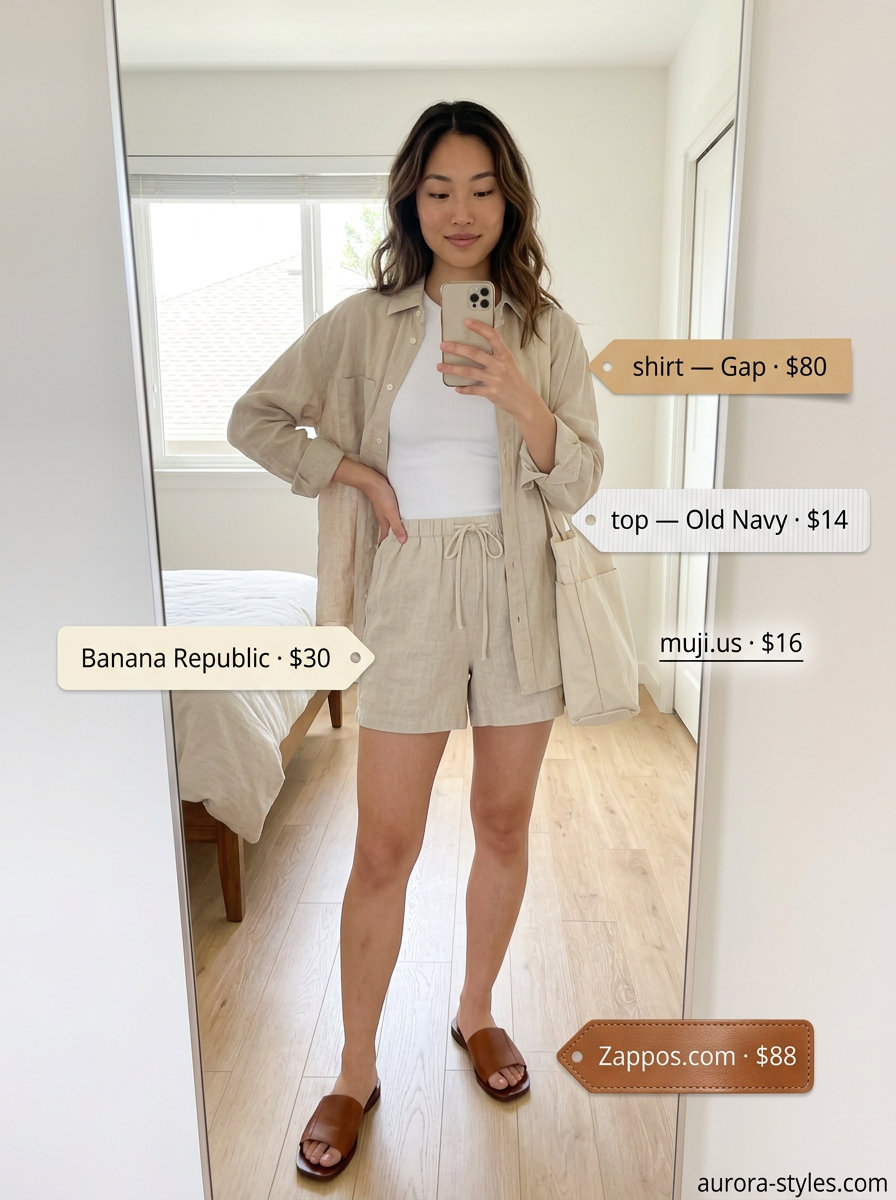 Neutral summer outfits for women 2026: Beige linen shorts, oversized linen shirt, white tee, tan slides.