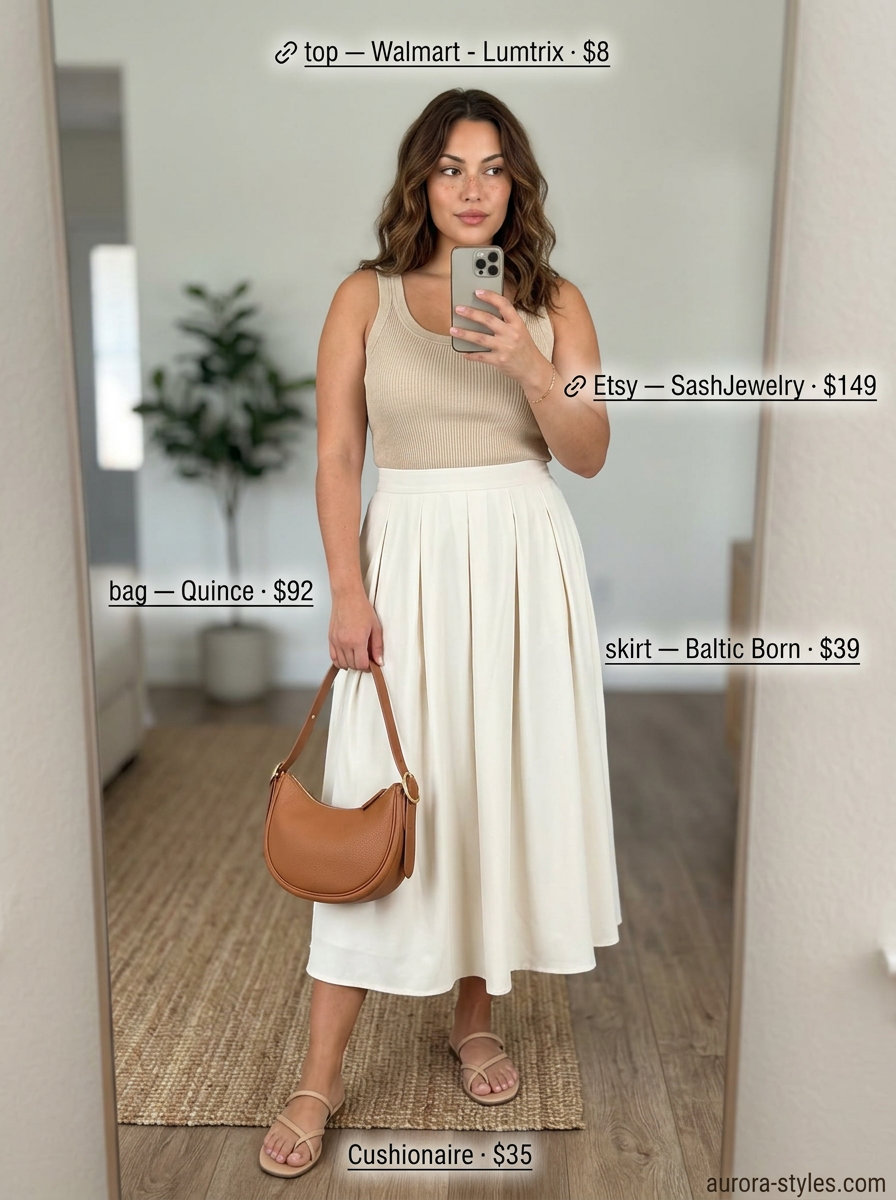 Neutral summer outfits for women 2026: Cream midi skirt, beige knit top, tan shoulder bag, flat sandals.