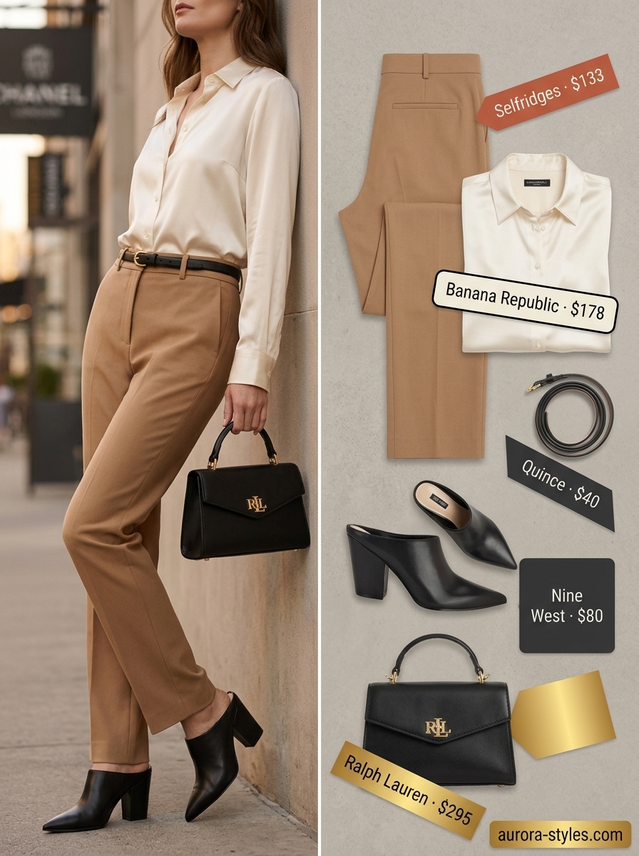 Neutral summer outfits for women 2026: Camel trousers, cream silk blouse, black mules, leather satchel.