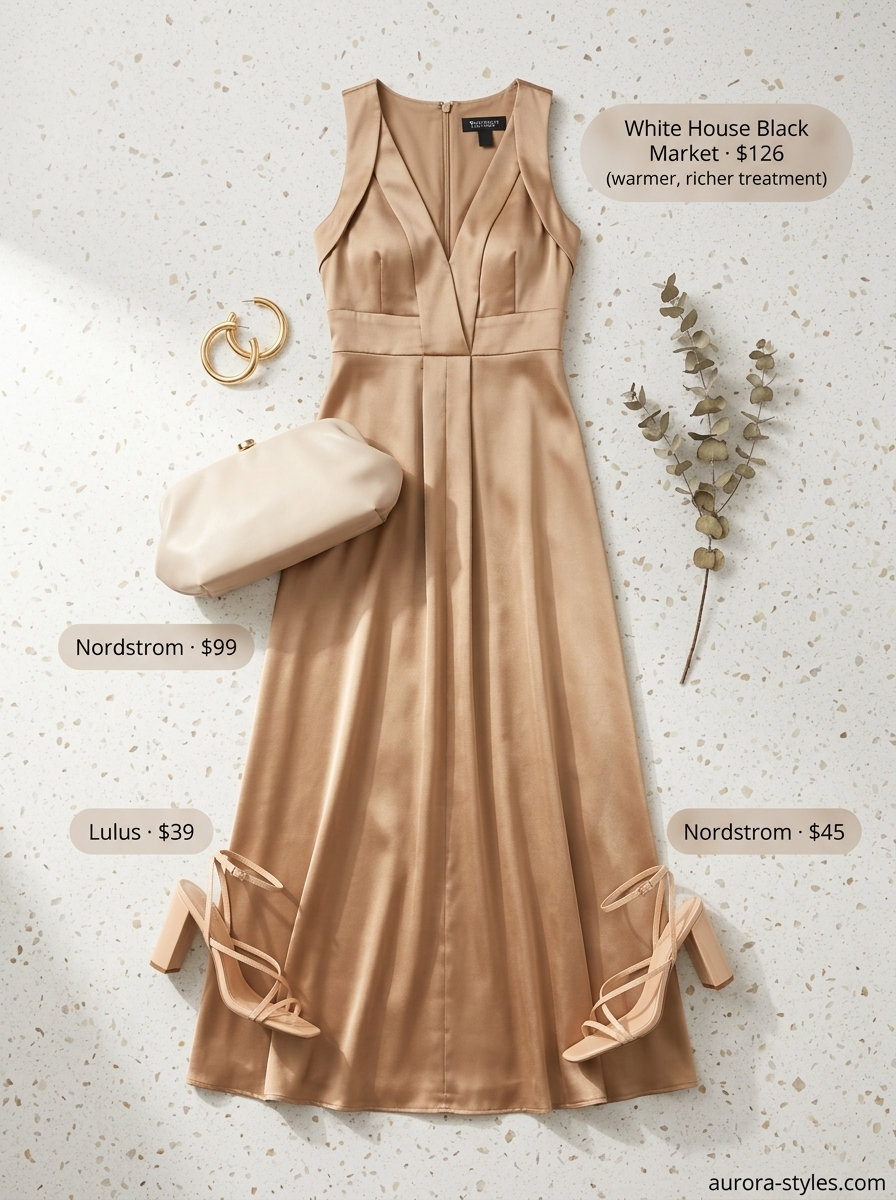 Neutral summer outfits for women 2026: Taupe maxi dress, gold hoops, and heeled sandals for an elegant look.
