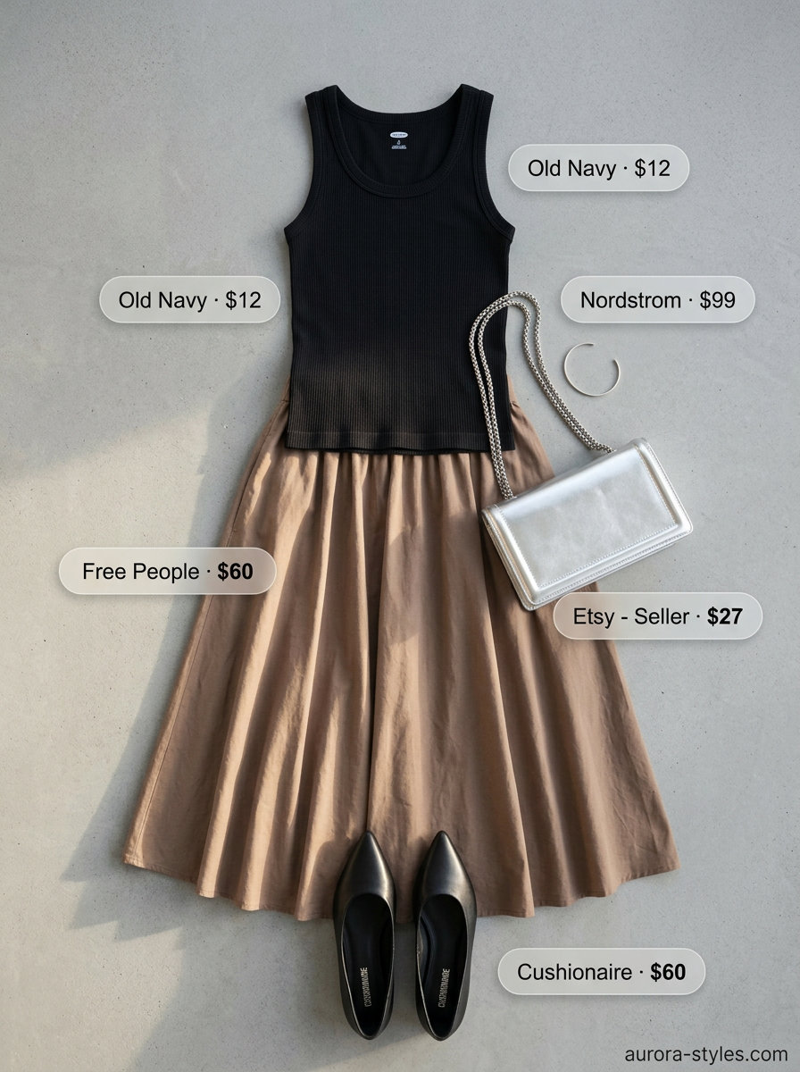 Neutral summer outfits for women 2026: Taupe midi skirt, black knit top, and silver accessories for a chic look.