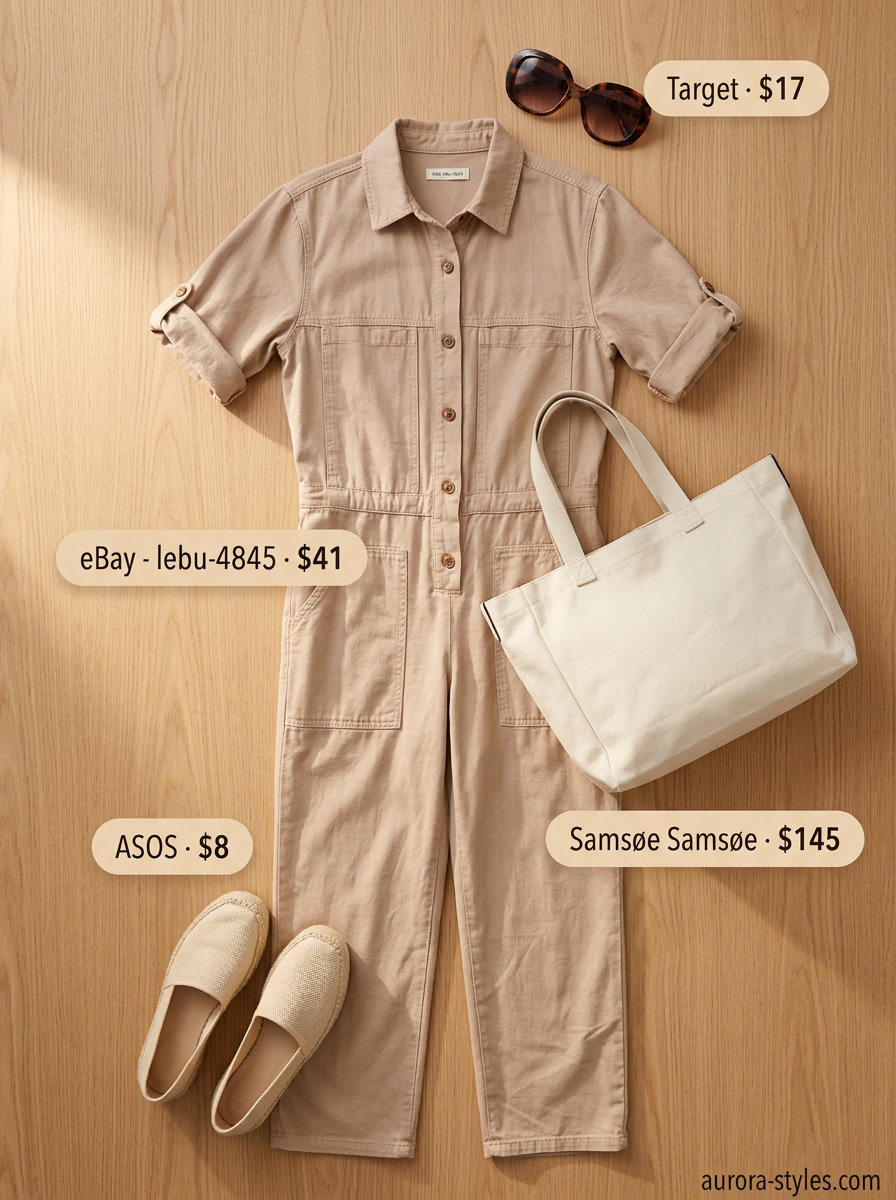 Neutral summer outfits for women 2026: Stone beige utility jumpsuit, espadrilles, and tote bag for a stylish look.
