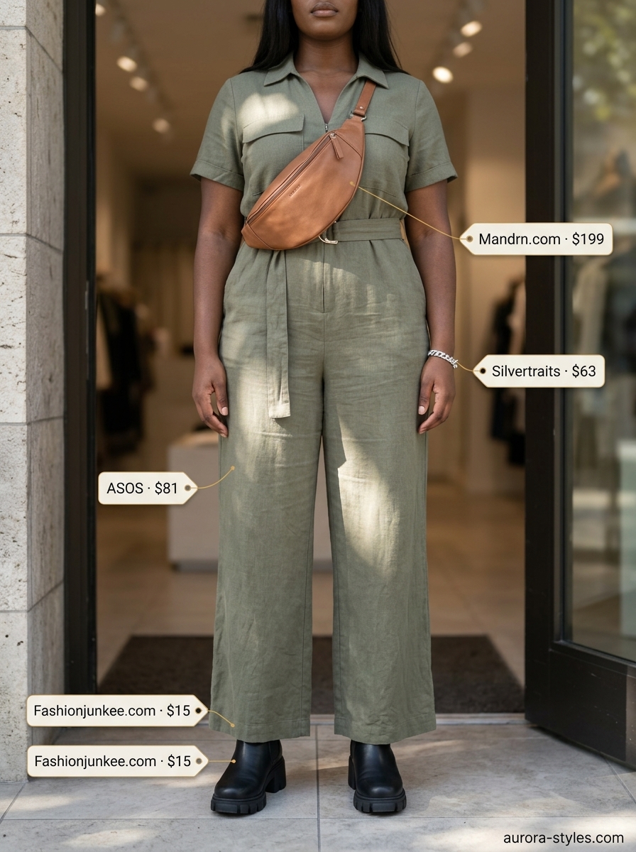 Neutral summer outfits for women 2026: Olive utility jumpsuit, black boots, tan belt bag.