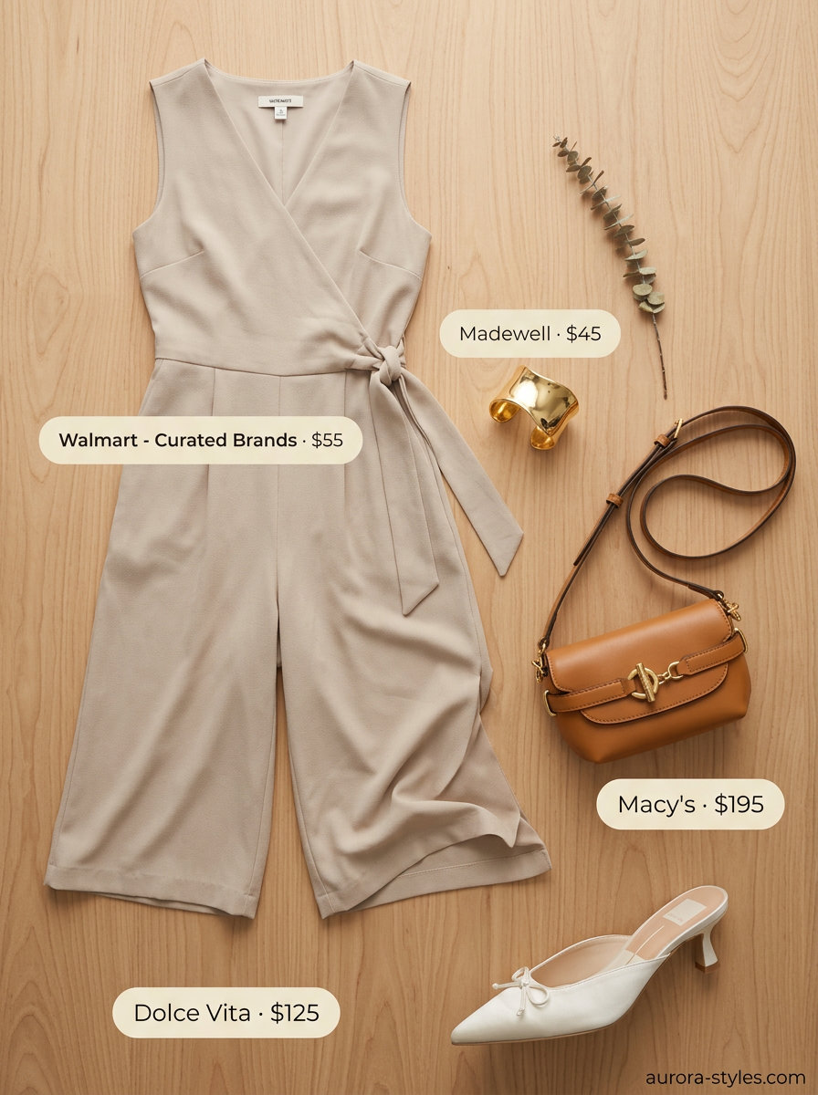 Neutral summer outfits for women 2026: Stone beige wide-leg jumpsuit, white heeled mules, tan crossbody bag.